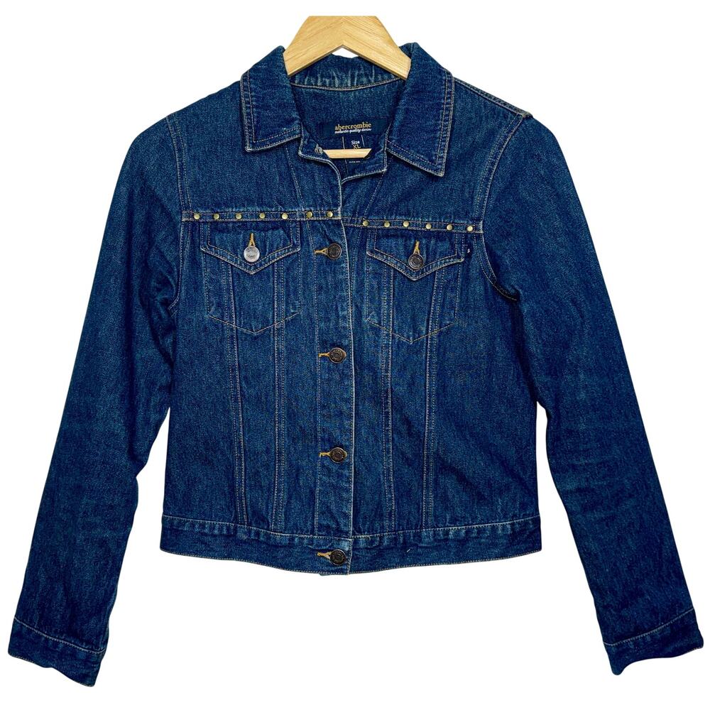 Abercrombie & Fitch Blue Denim Brown Studded Jean Jacket Coat Womens Size XL